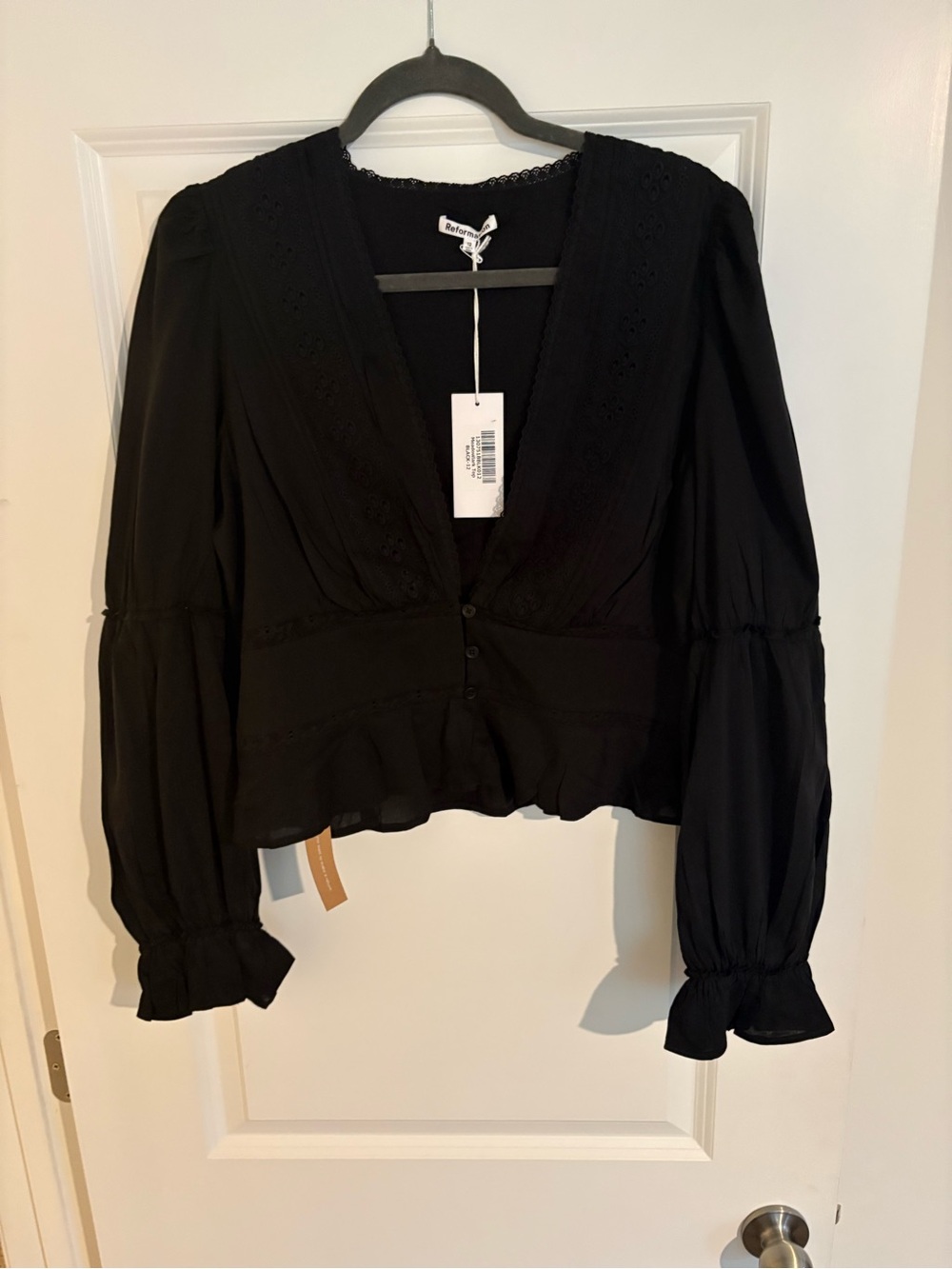 Reformation Black Button-Front V-Neck Peplum Blouse